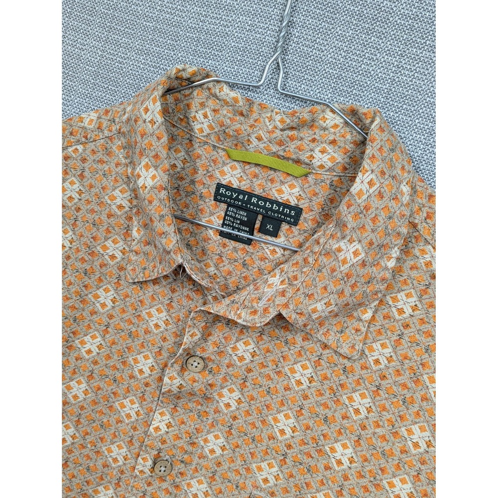 Royal Robbins Shirt Mens XL Beige Geometric Short Sleeve Linen Button Up Casual